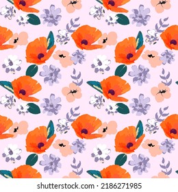 Seamless pattern with bouquets of poppies and chamomiles. Floral background for swimsuit, textile, wallpaper, pattern fills, covers, surface, print, gift wrap. Shabby chic.