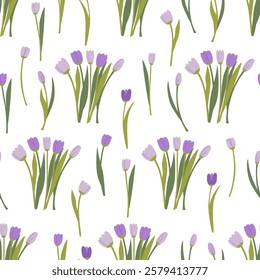 Seamless pattern with bouquets of purple tulips. Floral spring vector flat background. Elegant botanical illustration backdrop for textile design, scrapbooking, wrapping paper