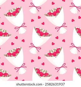 Seamless pattern with bouquets of red roses and hearts on a light pink background. Valentine's day vector editable background.