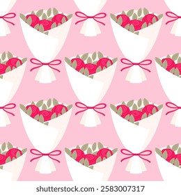 Seamless pattern with bouquets of red roses on a pink background. Valentine's day vector editable background