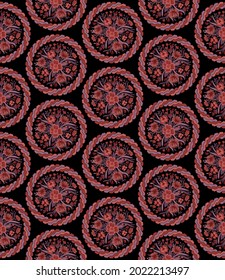 Patrón sin foco con ramos de flores rojas silvestres en círculos sobre un fondo negro en vector