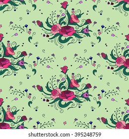 Seamless pattern with bouquets of roses, buds, wild flowers and branches. To print fabric, postcards, greetings wallpaper. hand drawn pattern