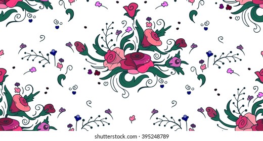Seamless pattern with bouquets of roses, buds, wild flowers and branches. To print fabric, postcards, greetings wallpaper. hand drawn pattern