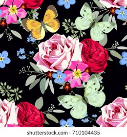 Seamless pattern with bouquets of roses and butterflies