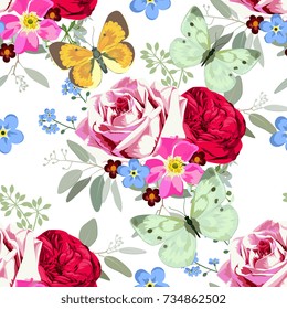 Seamless pattern with bouquets of roses and butterflies
