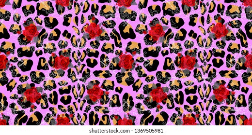Seamless pattern with bouquets of roses on leopard skin background
