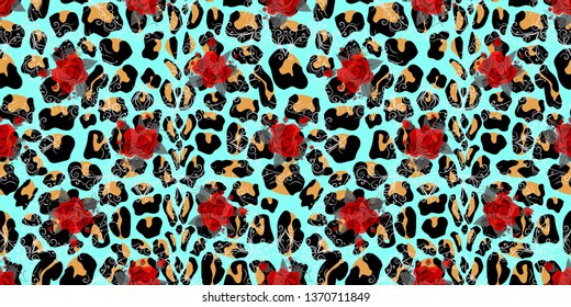 Seamless pattern with bouquets of roses on leopard skin background eps10