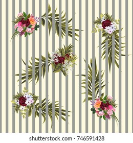 Patrón sin inconvenientes con ramos de rosas sobre fondo a rayas. Diseño de tela, papel pintado, envoltura de regalo. Impresión para seda, calico y productos textiles para el hogar.Patrón natural vintage.