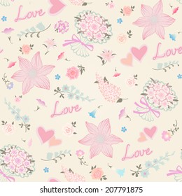 Seamless pattern with bouquets of roses, various flowers and hearts. Vintage vector background. Floral  ornament.