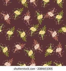 Seamless pattern with bouquets of small flowers on light brown background. Vector floral template in doodle style. Gentle summer botanical texture for fabric, wrapping paper, fills, wallpaper.