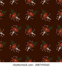 Seamless pattern with bouquets of small flowers on brown background. Vector floral template in doodle style. Gentle summer botanical texture for fabric, wrapping paper, fills, wallpaper.