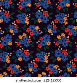 Seamless pattern with bouquets of small flowers, leaves. Liberty floral print with various painted flowers, leaves on a dark background. Vector illustration.