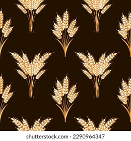 Seamless pattern, bouquets of spikelets of wheat, rye, barley, golden ears on a brown background. Background, print, textile, vector	
