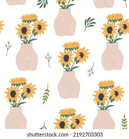 Seamless pattern with bouquets of sunflowers in ceramic vases. Blooming yellow plants in elegant pottery. Hand drawn vector illustration isolated on light background. Modern flat cartoon style.