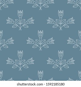Seamless pattern with bouquets of three white roses. Line art vector illustration on blue background. Can be used for graphic design, textile design or web design.