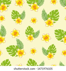 Seamless pattern of bouquets of tropical plants and plumeria flowers on a yellow background
