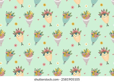 Seamless pattern with bouquets of wild flowers. Floral print. Wrapping paper design for mother's day, women's day and birthday. Vector illustration