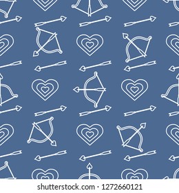 Seamless pattern with bow, arrows, target, hearts. Greeting card happy Valentine's Day. Romantic background. Design for banner, poster or print.