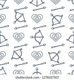 Seamless pattern with bow, arrows, target, hearts. Greeting card happy Valentine's Day. Romantic background. Design for banner, poster or print.