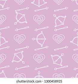 Seamless pattern with bow, arrows, target, hearts. Greeting card happy Valentine's Day. Romantic background. Design for banner, poster or print.