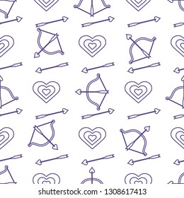 Seamless pattern with bow, arrows, target, hearts. Greeting card happy Valentine's Day. Romantic background. Design for banner, poster or print.