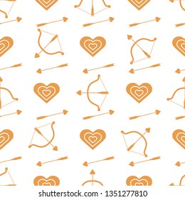 Seamless pattern with bow, arrows, target, hearts. Greeting card happy Valentine's Day. Romantic background. Design for banner, poster or print.