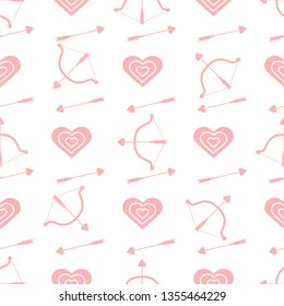 Seamless pattern with bow, arrows, target, hearts. Greeting card happy Valentine's Day. Romantic background. Design for banner, poster or print.