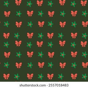 Seamless pattern with bow and christmas berry. Holiday vector texture for wallpaper, prints, wrapping, textile.