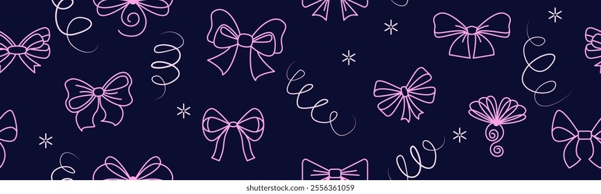 Seamless pattern with bow, different types of ribbons, decorative elements for Christmas, Valentine's Day, birthday gift vector illustration in cartoon retro groovy style. Vector