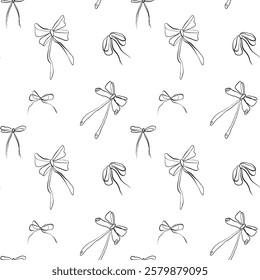 Seamless pattern bow in hand line art drawing in sketchy style. Hand holding decorative ribbon bow. Black linear design hand drawn vector illustration