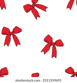 Seamless pattern with bow knots, gift ribbons. Hand drawn vector illustration. Holidays background.