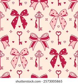 Seamless pattern with bow knots, vintage keys, and romantic pink accents. Flirty and coquette background for feminine stationery, gift wrap, textiles, and girly holiday themes