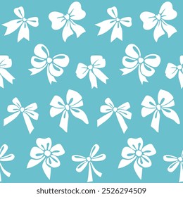 Seamless pattern bow on a blue background. Vector illustration in retro hand drawn style