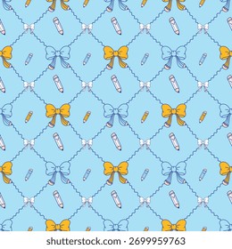 Seamless pattern. Bow and pencil. Decorated in a back to school theme.