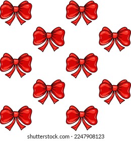 Seamless Pattern Of Bow in red color isolated in White Bacground. Vector Illustration of ribbon for wrapping paper, wallpaper, fabric, decorating and backdrop.