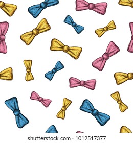 Seamless pattern. bow tie for men or hipster fashion. hair and beard engraved hand drawn in old vintage sketch.