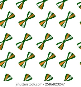 Seamless pattern with bow ties in green, white, and orange colors. Perfect for St. Patrick's Day decorations, festive textiles, gift wrapping, and digital backgrounds