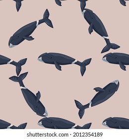 Seamless pattern Bowhead whale on pink background. Template of cartoon character of ocean for children. Repeated random texture with marine cetacean. Design for any purposes. Vector illustration.