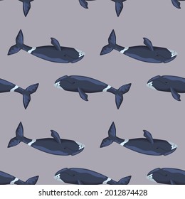 Seamless pattern Bowhead whale on gray background. Template of cartoon character of ocean for children. Repeated texture with marine cetacean. Design for any purposes. Vector illustration.