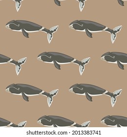 Seamless pattern Bowhead whale on brown background. Template of cartoon character of ocean for children. Repeated geometrical texture with marine cetacean. Design for any purposes. Vector illustration