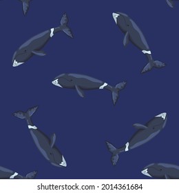 Seamless pattern Bowhead whale on dark background. Template of cartoon character of ocean for children. Repeated random texture with marine cetacean. Design for any purposes. Vector illustration.