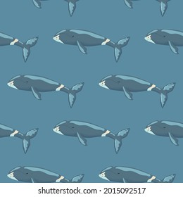 Seamless pattern Bowhead whale on blue background. Template of cartoon character of ocean for children. Repeated geometrical texture with marine cetacean. Design for any purposes. Vector illustration.