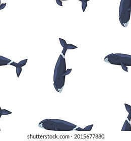 Seamless pattern Bowhead whale on white background. Template of cartoon character of ocean for children. Repeated random texture with marine cetacean. Design for any purposes. Vector illustration.