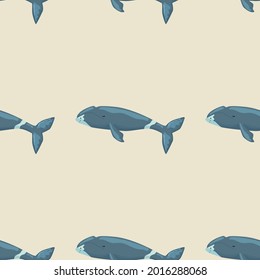 Seamless pattern Bowhead whale on white background. Template of cartoon character of ocean for children. Repeated geometrical texture with marine cetacean. Design for any purposes. Vector illustration