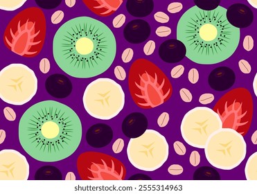 Seamless pattern with bowl of brazilian frozen acai berry. Acai berries bowl are popular detox and healthy superfoods in Brazil, Hawaii and Baja California. Purple mashed frozen Acai berries