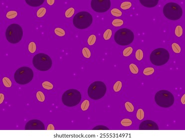 Seamless pattern with bowl of brazilian frozen acai berry. Acai berries bowl are popular detox and healthy superfoods in Brazil, Hawaii and Baja California. Purple mashed frozen Acai berries