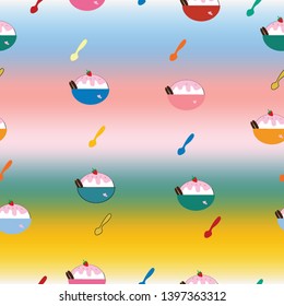 Seamless pattern of bowl of ice cream and strawberry on colorful background. Vector design for paper print business, fabric or wallpaper art.