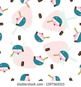 Seamless pattern of bowl of ice cream and strawberry on white background. Vector design for paper print business, fabric or wallpaper art.