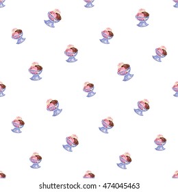 Seamless pattern with bowl ice cream dessert with three scoops: vanilla, strawberry and chocolate. Hand drawn sketch in decorative fashion style. Bakery, ice-cream dessert inspired illustration.