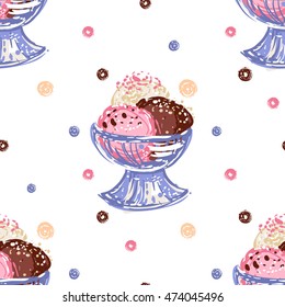Seamless pattern with bowl ice cream dessert and color dots. Hand drawn sketch elements in decorative fashion style. Bakery, ice-cream dessert inspired illustration.